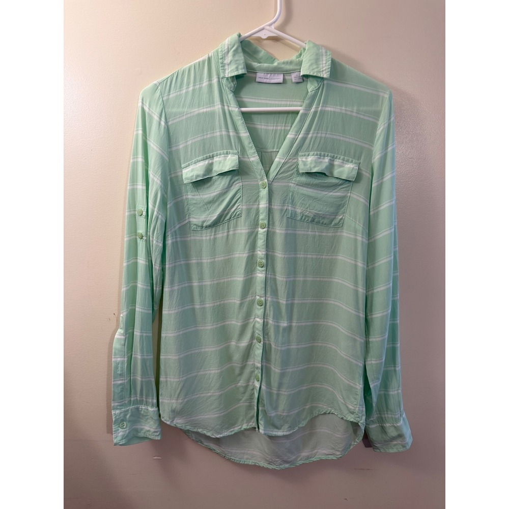 New York & Company Mint Green Striped Roll Tab Sleeve Button Down Shirt Small